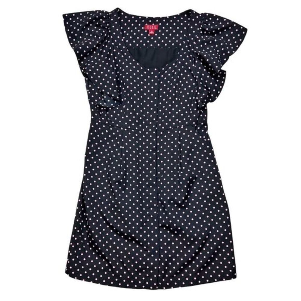 Elle Black Pink Polka Dot Ruffle Fit and Flare Dress Pockets Size XS‎